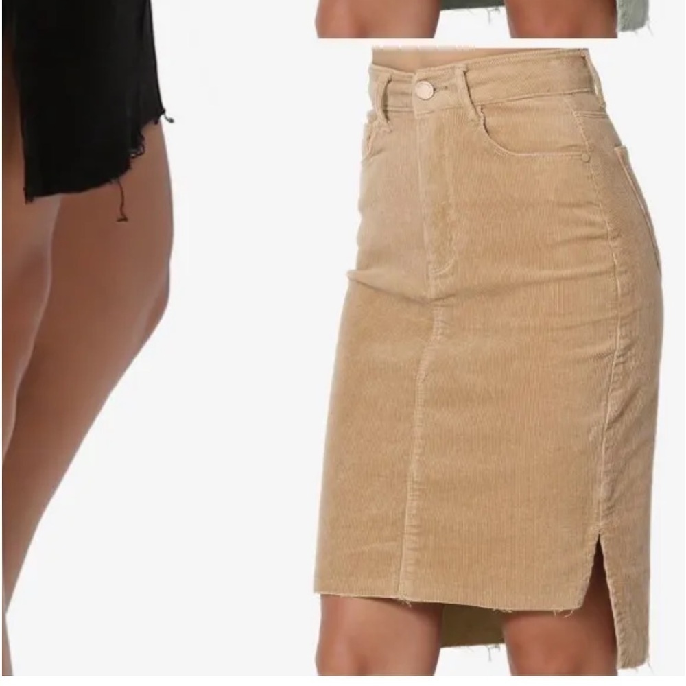 Tan 2sable corduroy pencil skirt high low raw hem size Medium…beige camel color